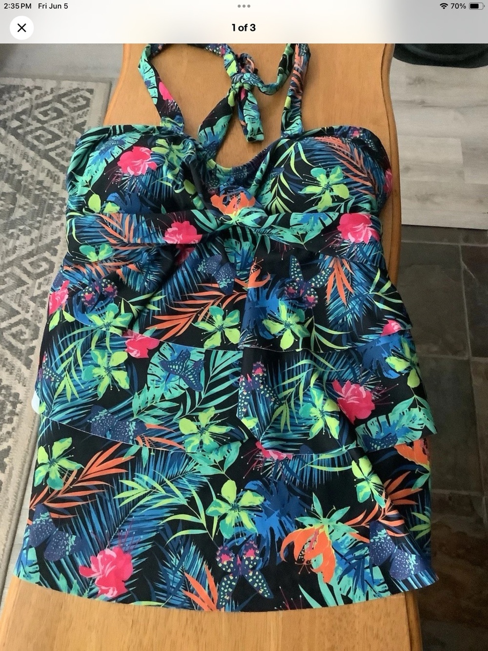 Maacie Halter Tie Tankini Top Floral Size L Maternity multi Tier Ruffle Swim Top